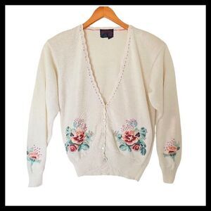 Vintage The Villagers Floral Embroidered White Cardigan M Medium Padded Shoulder